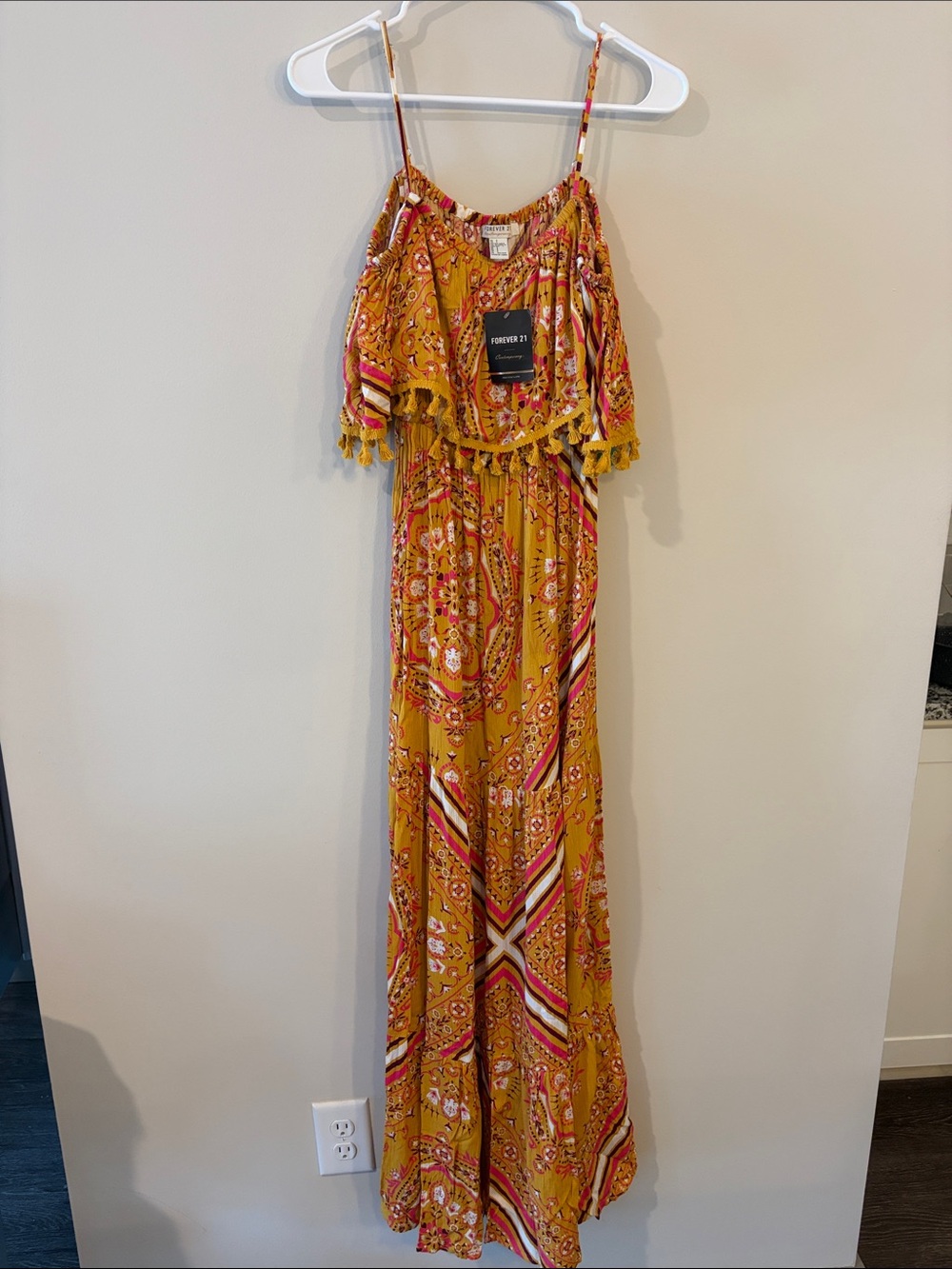 Forever 21 Boho Mustard Yellow Printed Off-Shoulder Maxi Dress